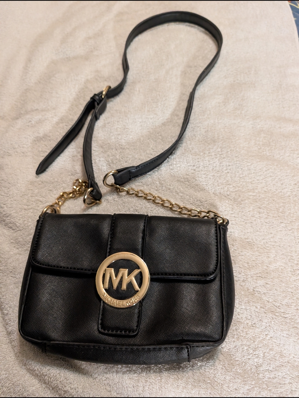 Michael Kors Black Crossbody with Gold MK Medallion